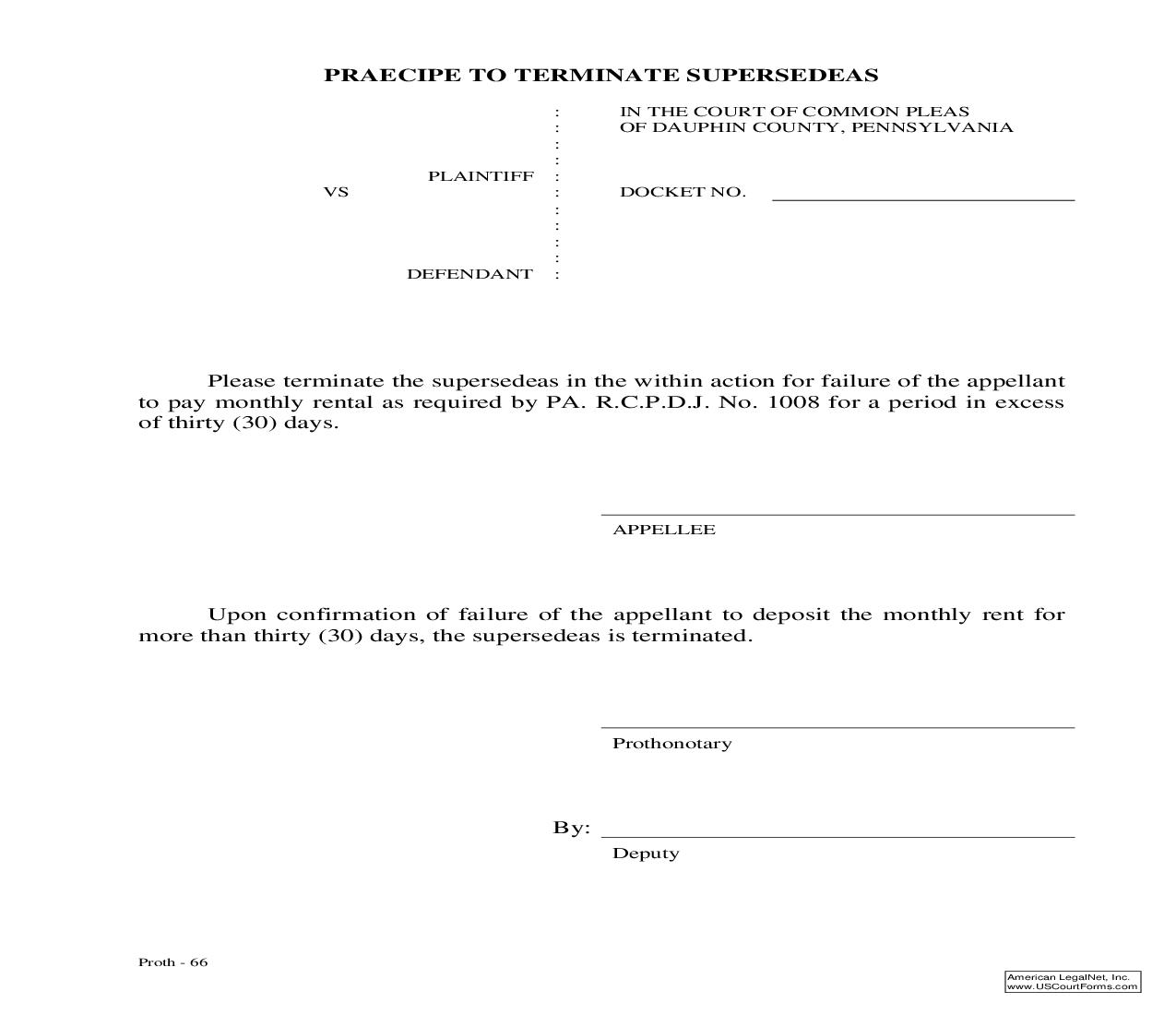 Praecipe To Terminate Supersedeas | Pdf Fpdf Doc Docx | Pennsylvania