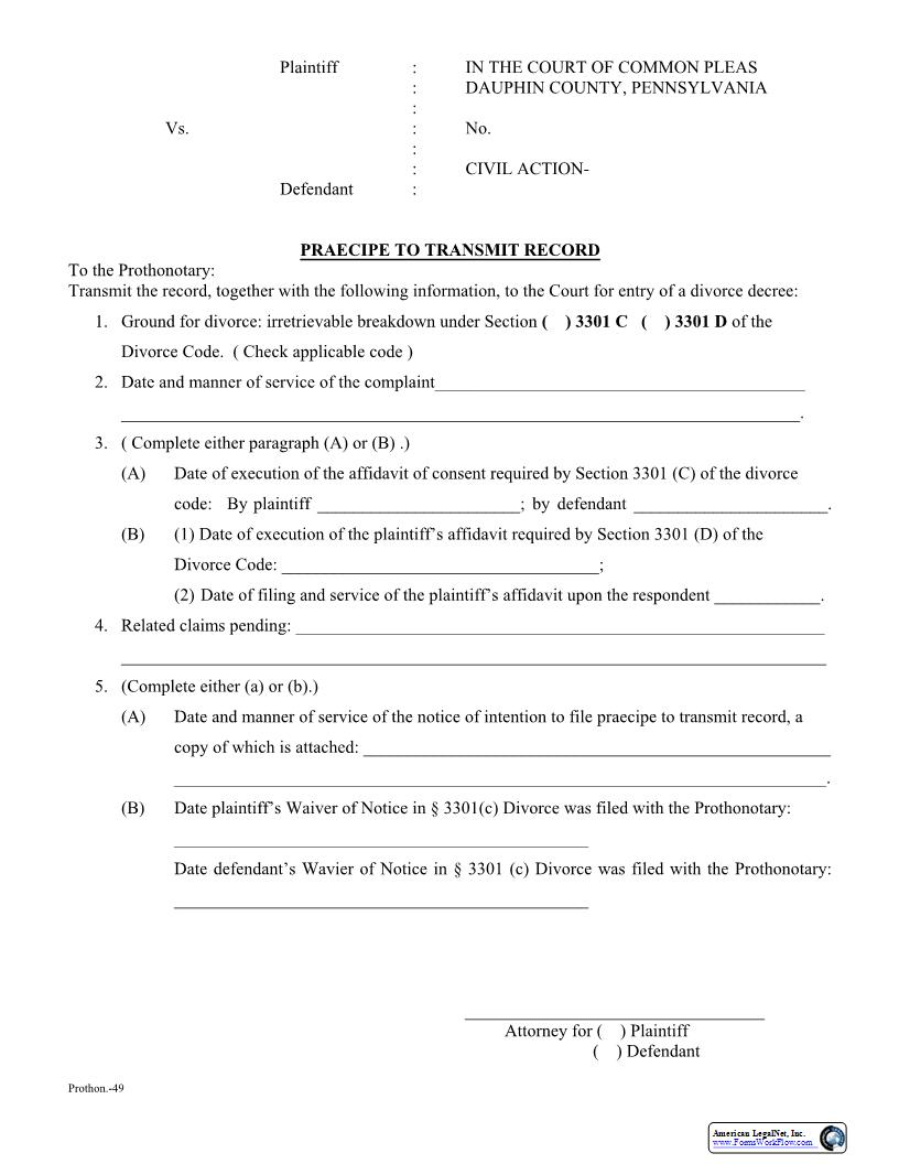 Praecipe To Transmit Record | Pdf Fpdf Docx | Pennsylvania