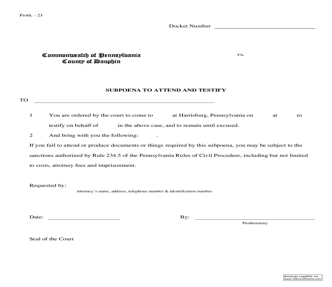 Subpoena To Attend And Testify | Pdf Fpdf Doc Docx | Pennsylvania