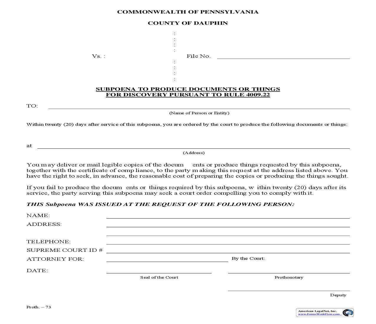 Subpoena To Produce Documents Or Things | Pdf Fpdf Doc Docx | Pennsylvania