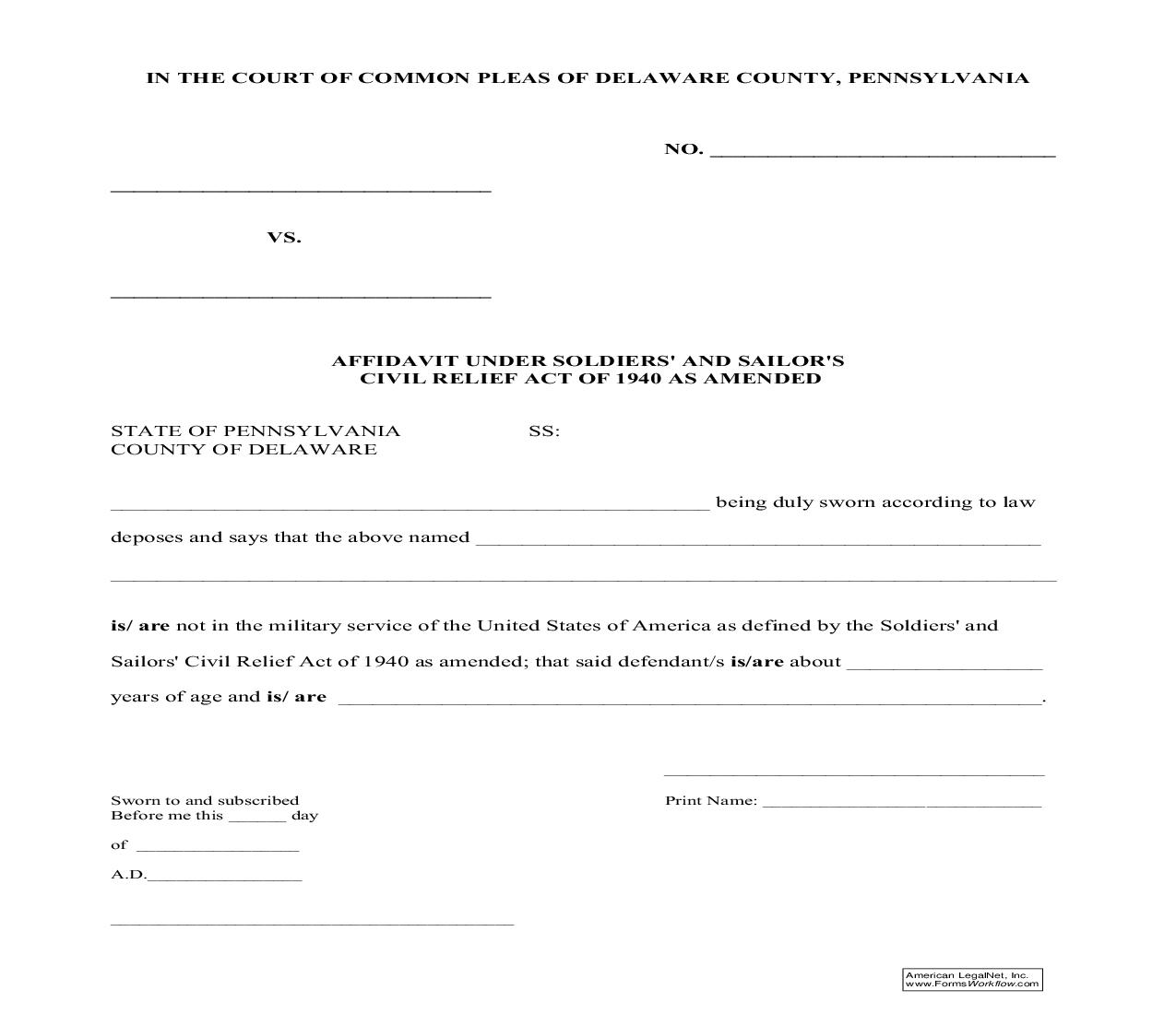 Affidavit Under Soldiers And Sailors Civil Relief Act Of 1940 As Amended | Pdf Fpdf Doc Docx | Pennsylvania