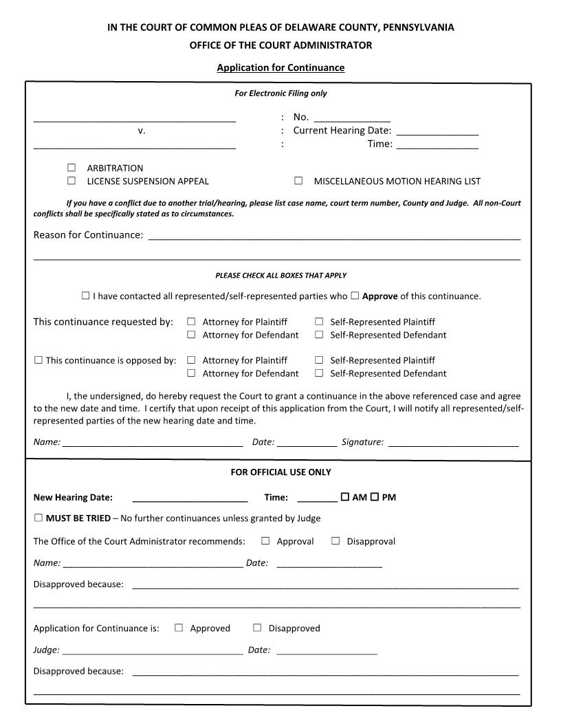 Application For Continuance | Pdf Fpdf Docx | Pennsylvania