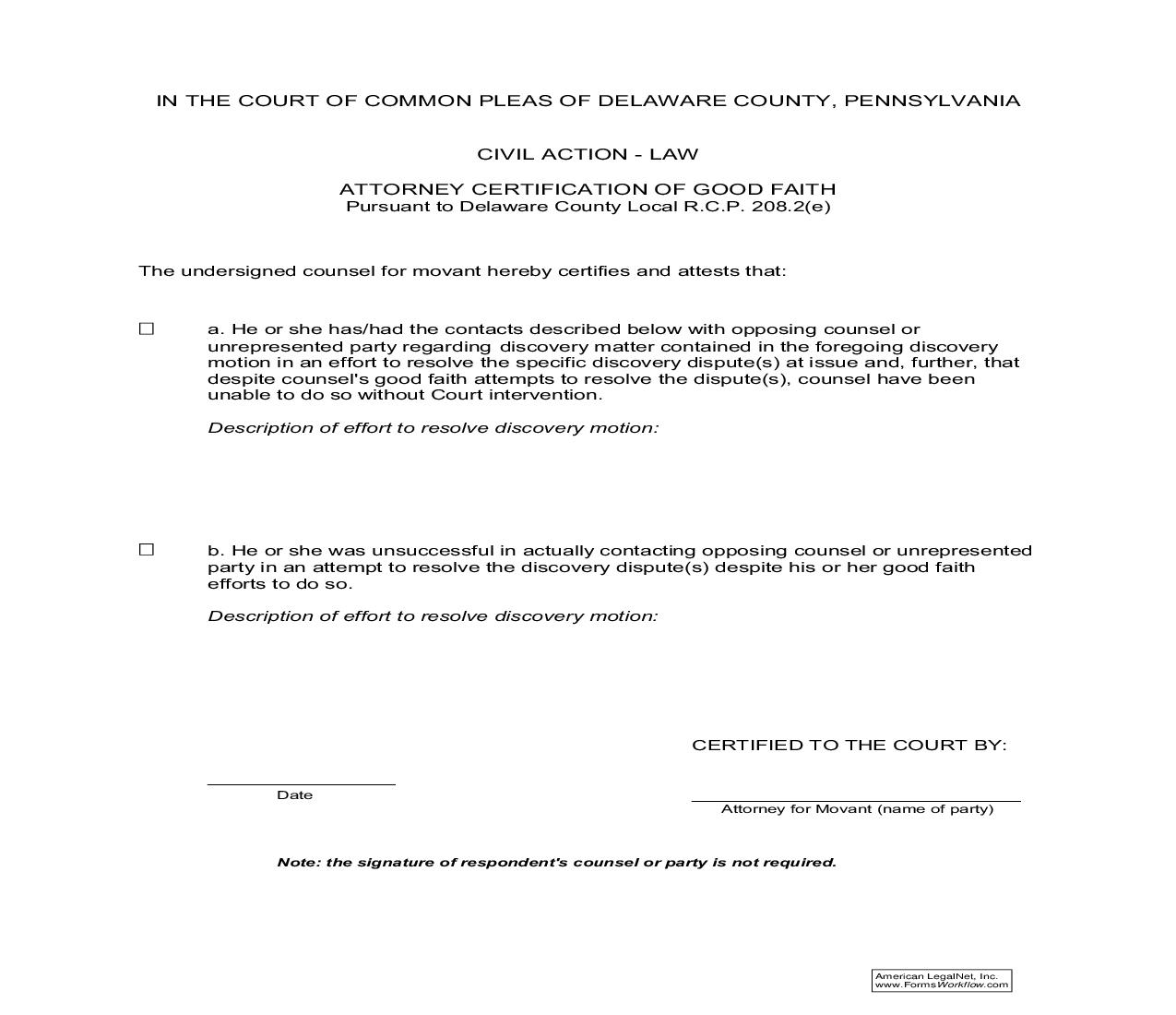 Attorney Certification Of Good Faith | Pdf Fpdf Doc Docx | Pennsylvania