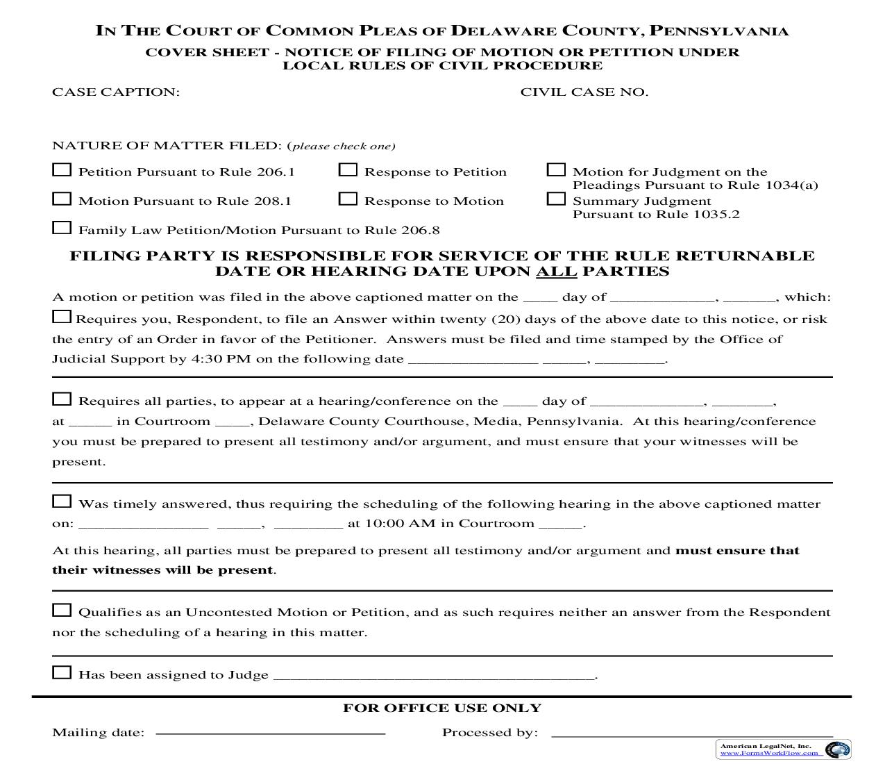 Cover Sheet Notice Of Filing Of Motion Or Petition | Pdf Fpdf Doc Docx | Pennsylvania
