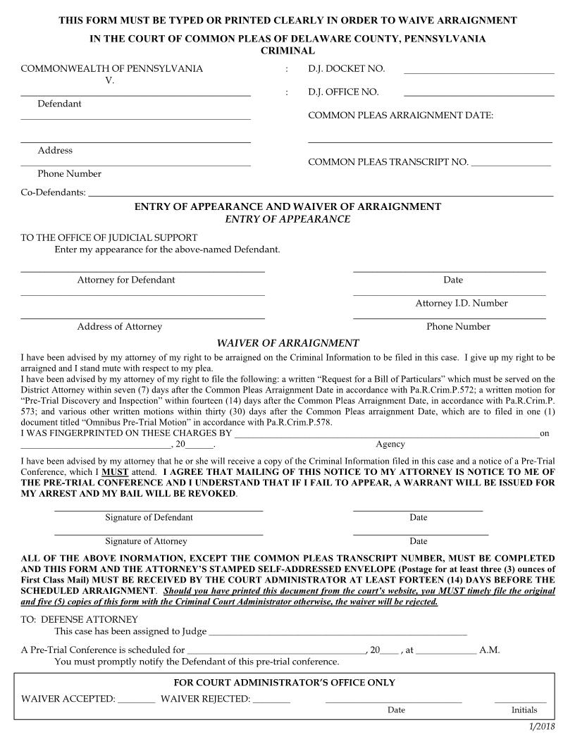 Entry Of Appearance And Waiver Of Arraignment | Pdf Fpdf Docx | Pennsylvania