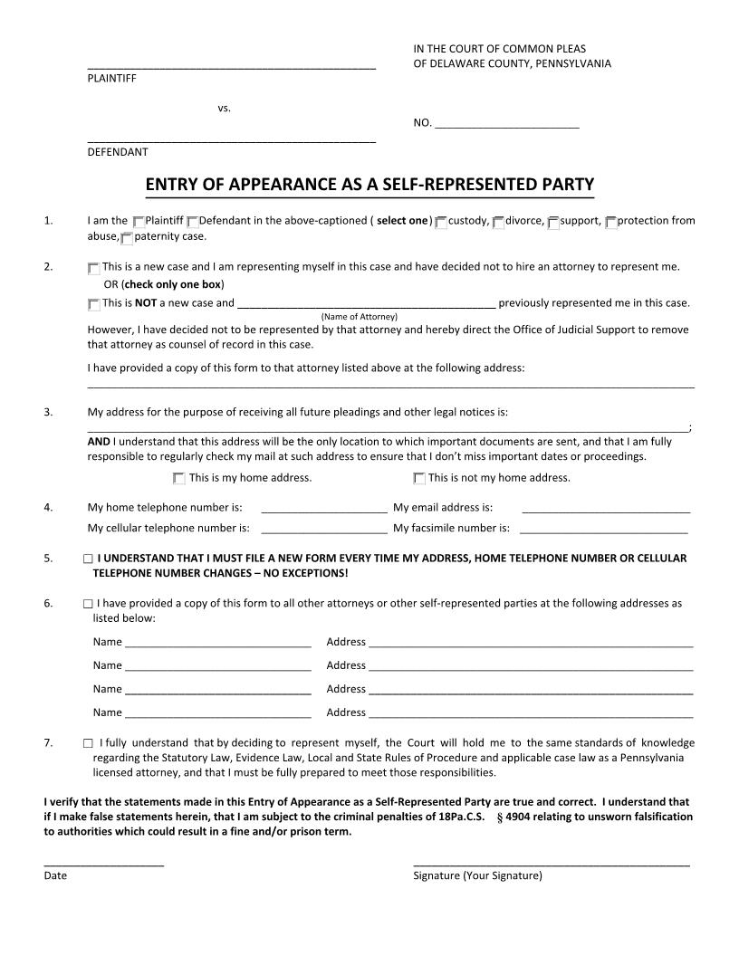 Entry Of Appearance As A Self Represented Party | Pdf Fpdf Docx | Pennsylvania
