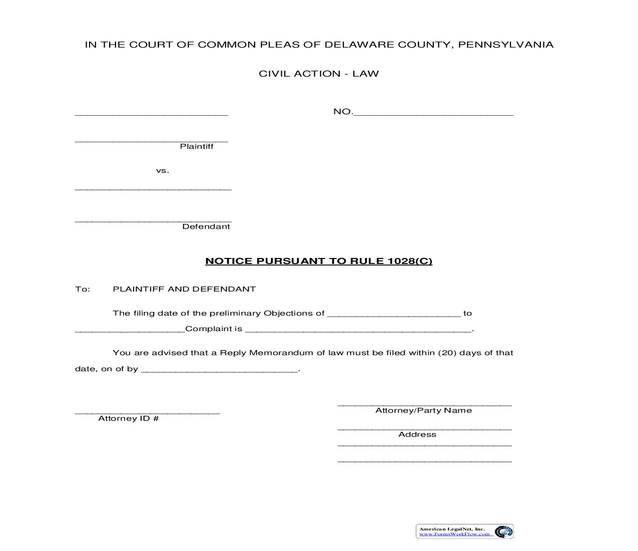 Notice Pursuant To Rule 1028(c) | Pdf Fpdf Doc Docx | Pennsylvania