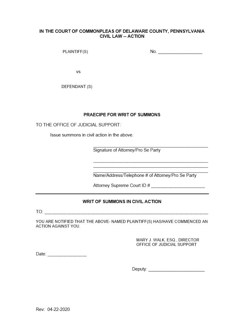 Praecipe For Writ Of Summons | Pdf Fpdf Doc Docx | Pennsylvania
