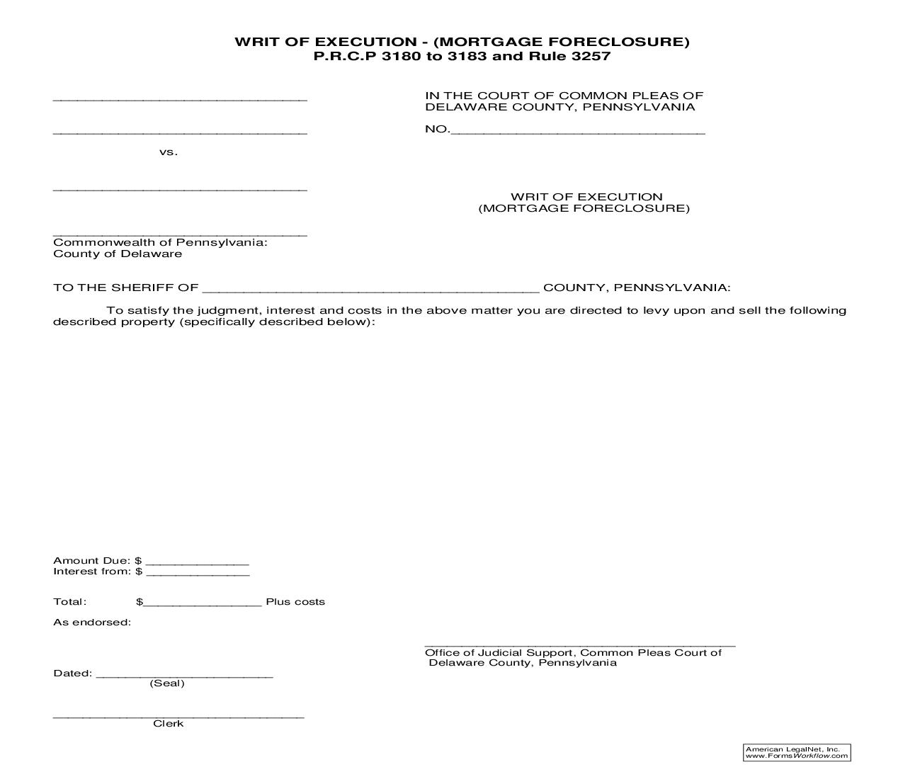 Writ Of Execution - Mortgage Foreclosure | Pdf Fpdf Doc Docx | Pennsylvania