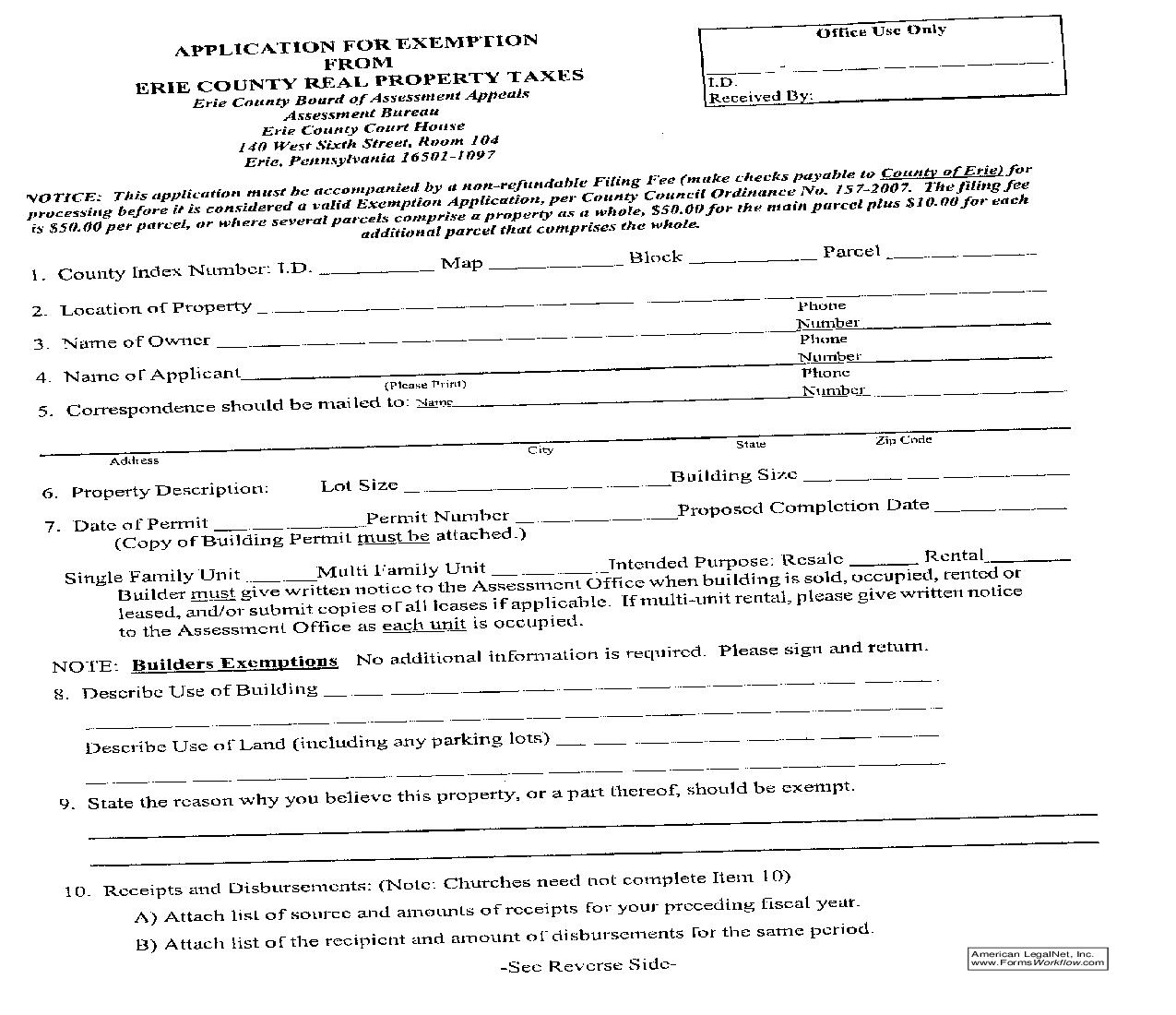 Application For Exemption From Erie County Real Property Taxes | Pdf Fpdf Doc Docx | Pennsylvania