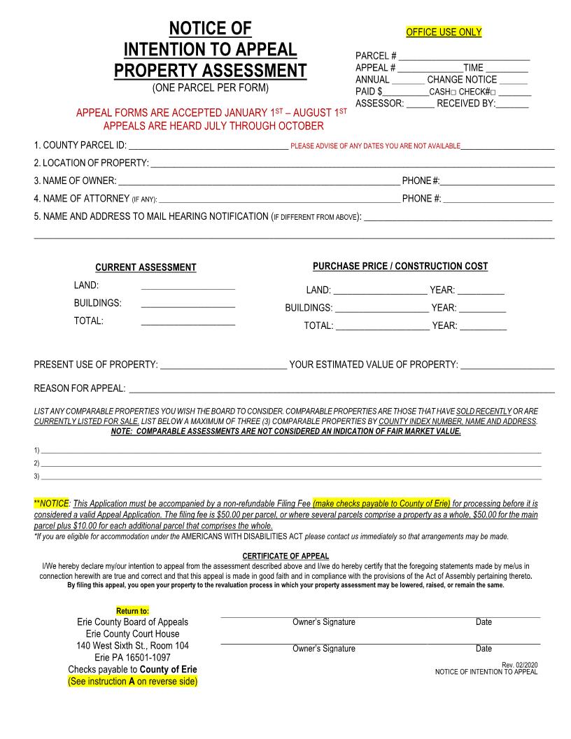 Notice Of Intention To Appeal Property Assessment | Pdf Fpdf Docx | Pennsylvania