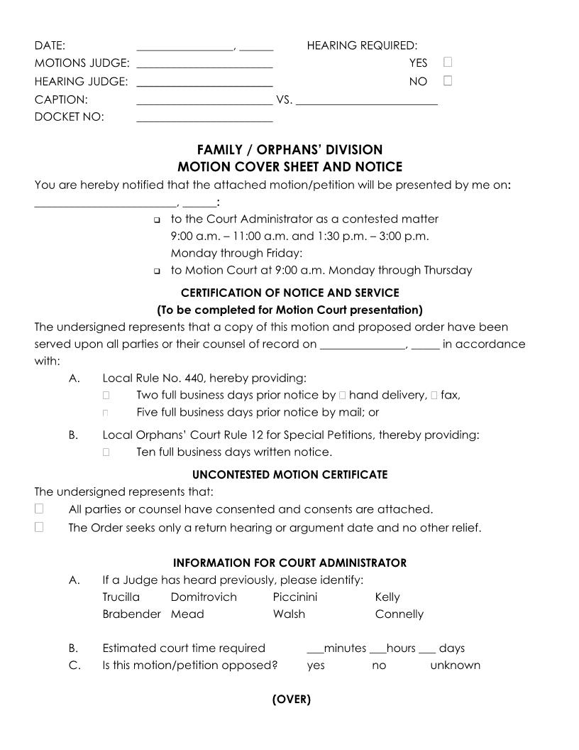 Motion Cover Sheet And Notice (Family-Orphans Court) | Pdf Fpdf Doc Docx | Pennsylvania