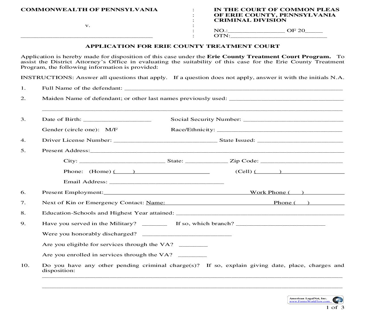Application For Erie County Treatment Program | Pdf Fpdf Doc Docx | Pennsylvania