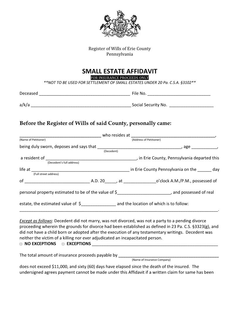 Small Estate Affidavit | Pdf Fpdf Docx | Pennsylvania
