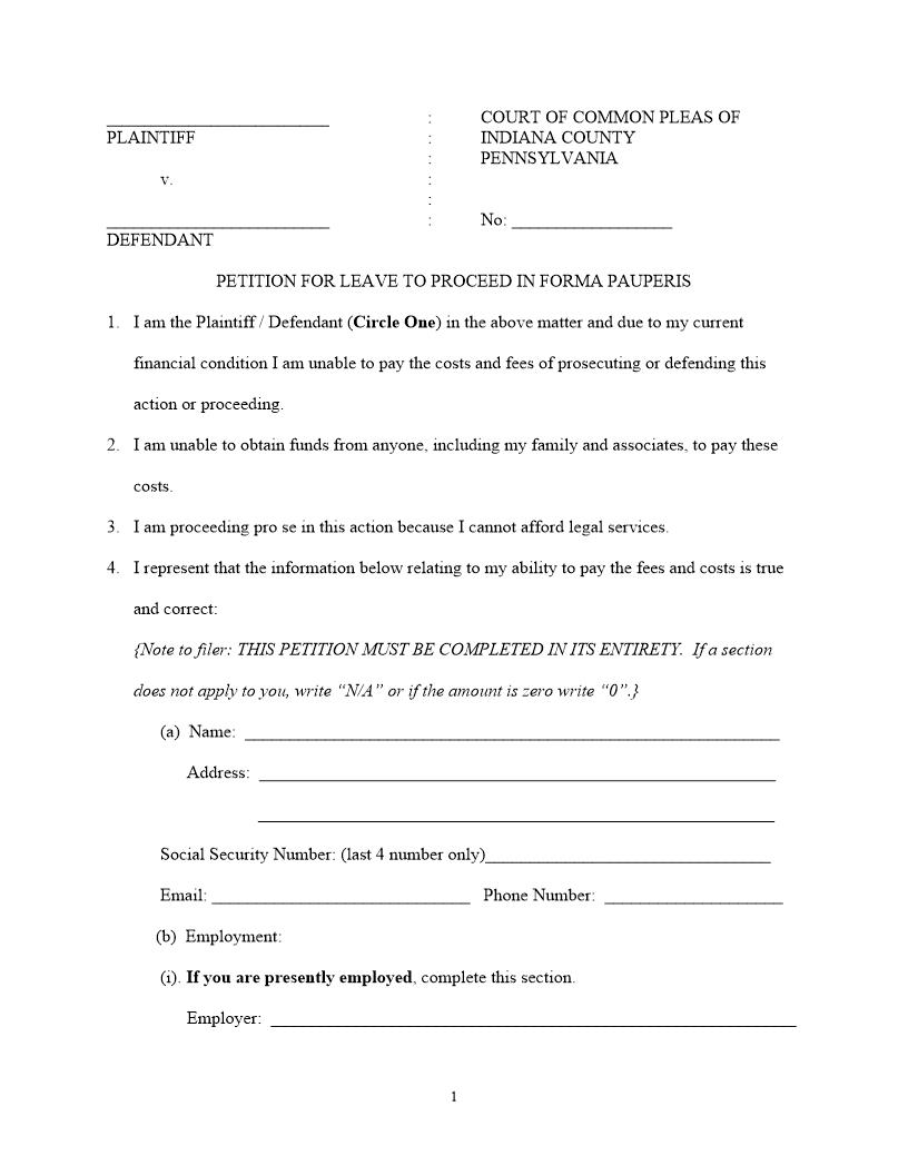 Petition For Leave To Proceed In Forma Pauperis | Pdf Fpdf Doc Docx | Pennsylvania