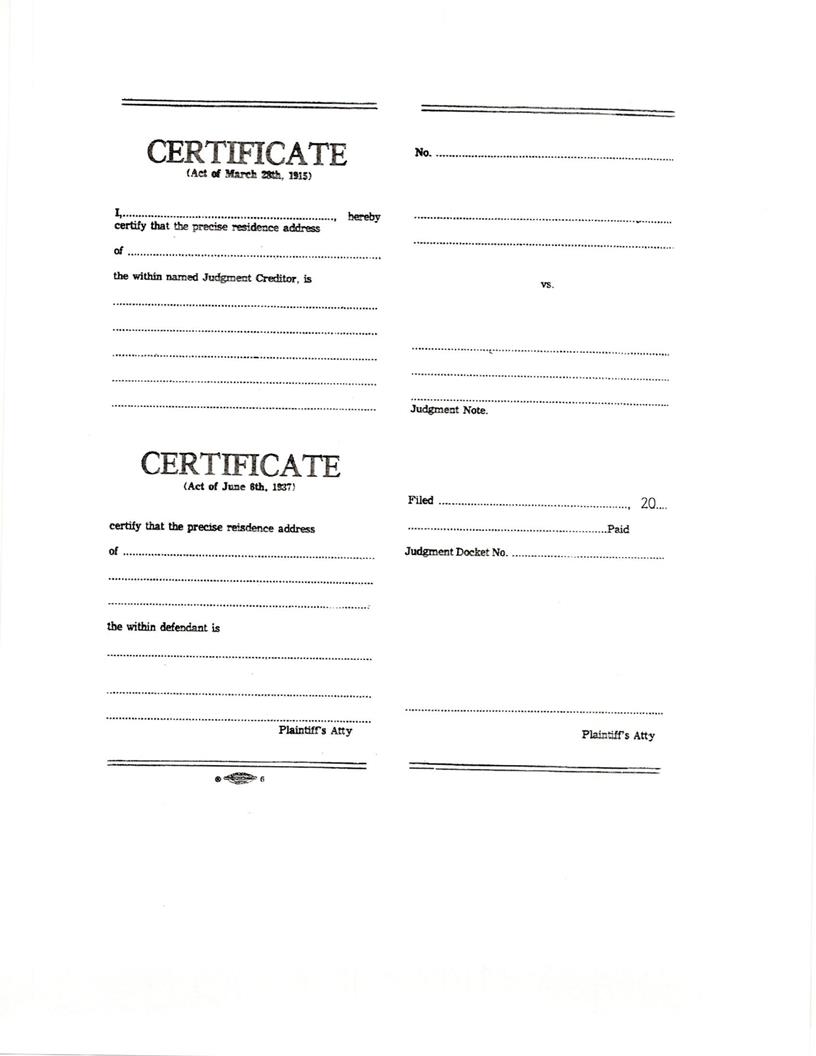 Certificate (For Judgement Note) | Pdf Fpdf Doc Docx | Pennsylvania