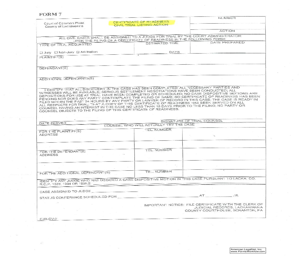 Certificate Of Readiness Civil Trial Listing Action {7} | Pdf Fpdf Doc Docx | Pennsylvania