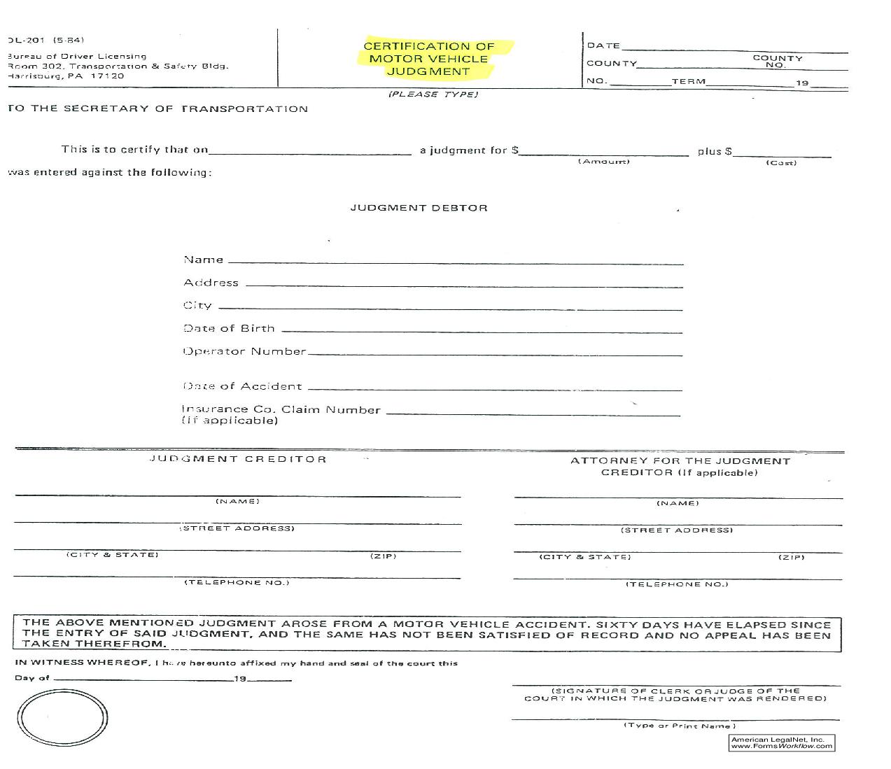 Certification Of Motor Vehicle Judgment | Pdf Fpdf Doc Docx | Pennsylvania