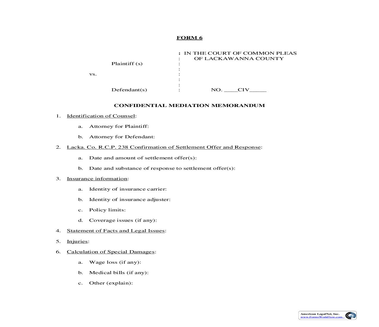 Confidential Mediation Memorandum {6} | Pdf Fpdf Doc Docx | Pennsylvania