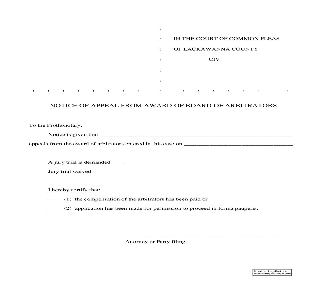 Notice Of Appeal From Award Of Board Of Arbitrators | Pdf Fpdf Doc Docx | Pennsylvania