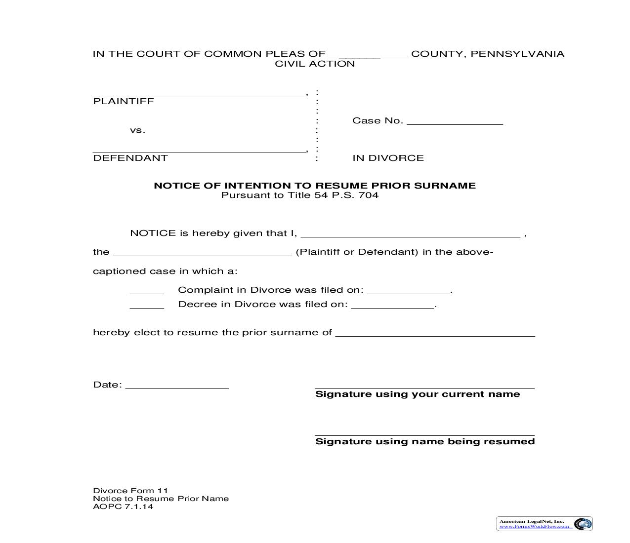 Notice Of Intention To Resume Prior Surname | Pdf Fpdf Doc Docx | Pennsylvania