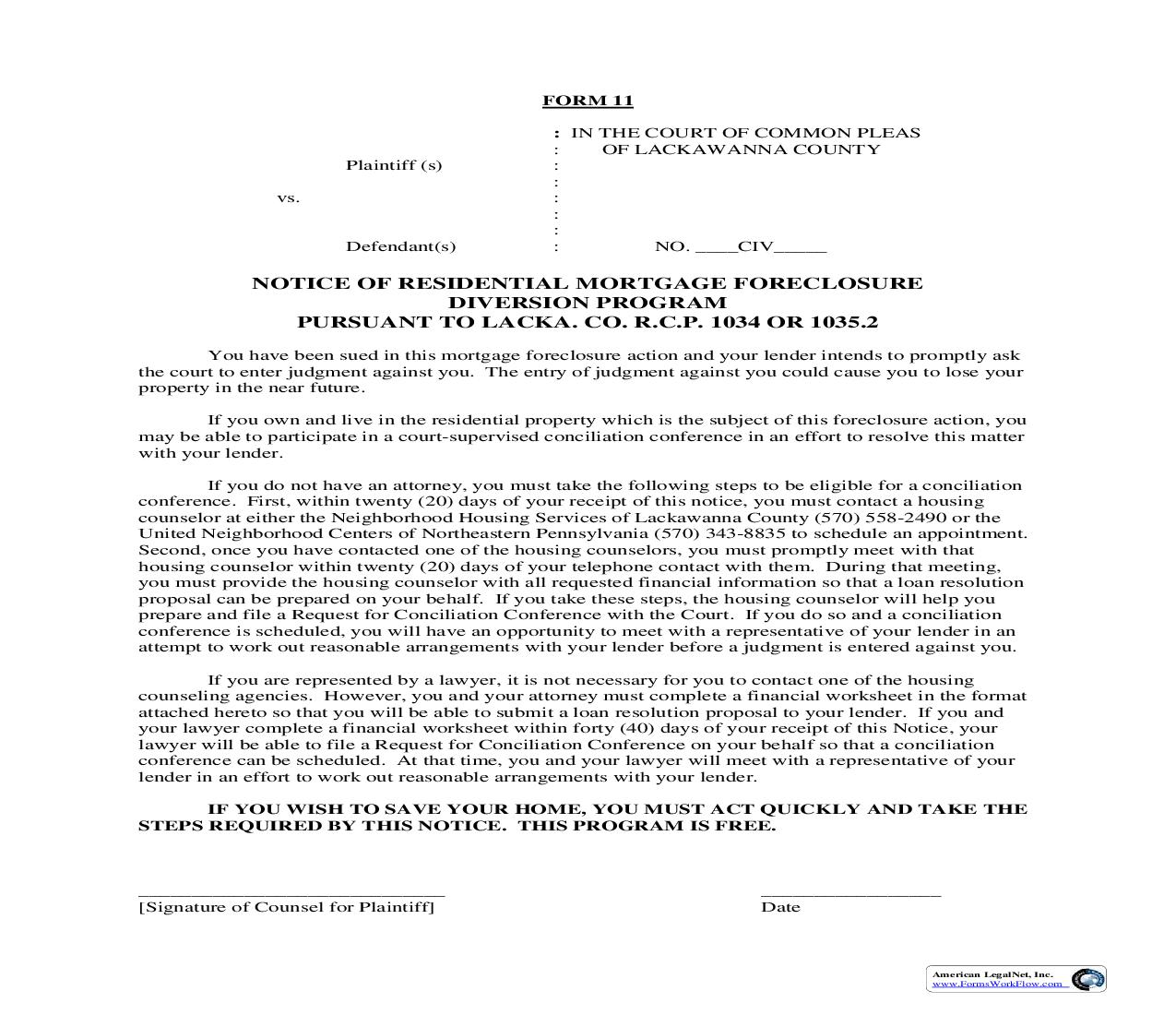 Notice Of Residential Mortgage Foreclosure Diversion Program (1034, 1035.2) {11} | Pdf Fpdf Doc Docx | Pennsylvania