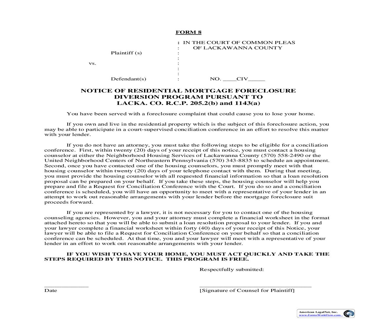 Notice Of Residential Mortgage Foreclosure Diversion Program (205.2, 1143) {8} | Pdf Fpdf Doc Docx | Pennsylvania