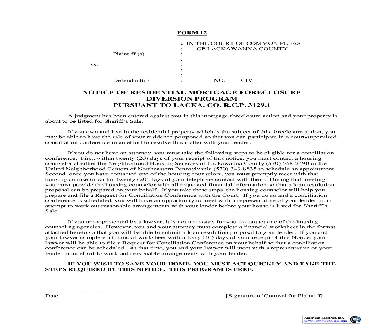 Notice Of Residential Mortgage Foreclosure Diversion Program (3129.1) {12} | Pdf Fpdf Doc Docx | Pennsylvania