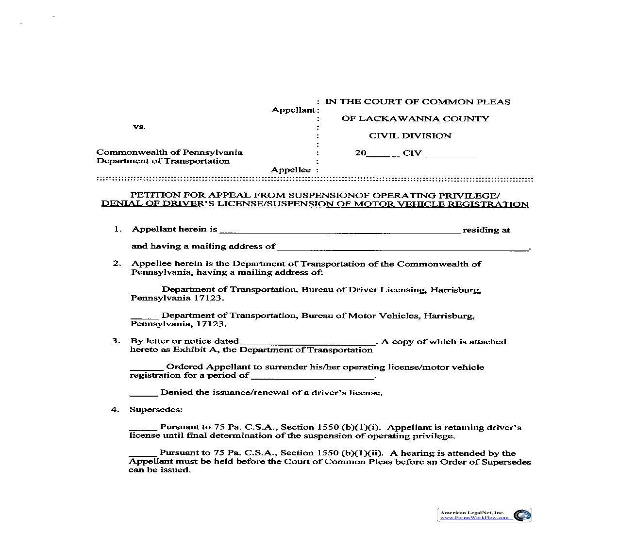 Petition For Appeal From Suspension  Of Operating Privilege | Pdf Fpdf Doc Docx | Pennsylvania