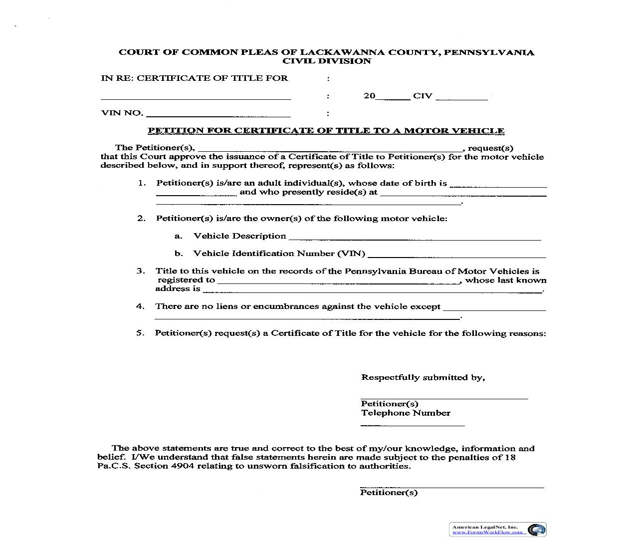 Petition For Certificate Of Title To A Motor Vehicle | Pdf Fpdf Doc Docx | Pennsylvania
