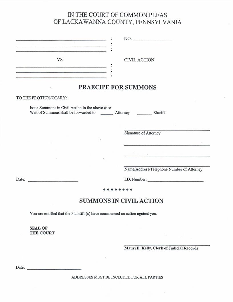 Praecipe For Summons | Pdf Fpdf Doc Docx | Pennsylvania