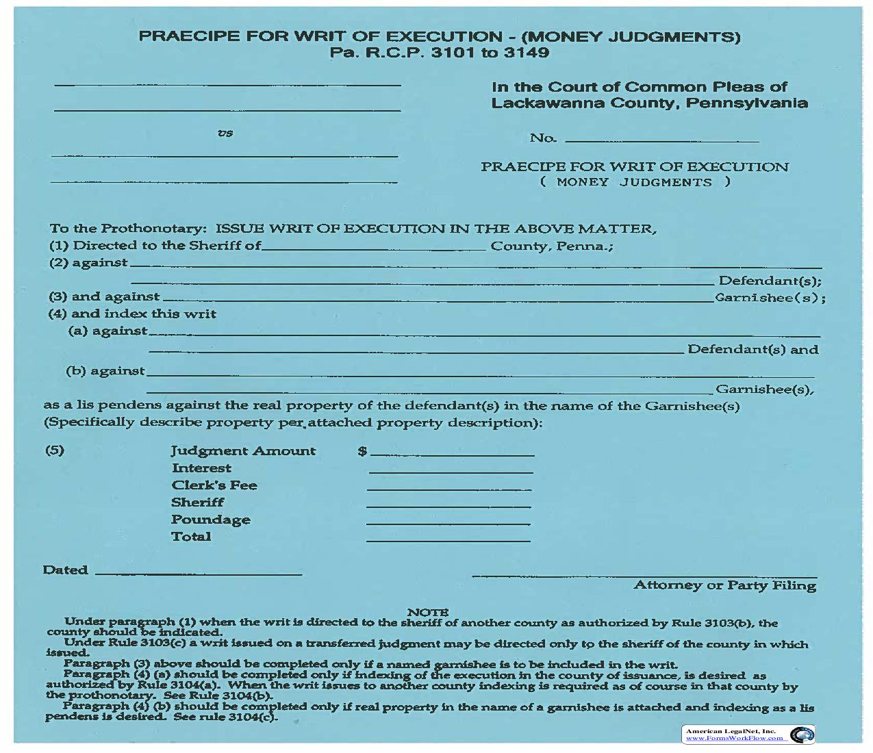 Praecipe For Writ Of Execution (Money Judgments) | Pdf Fpdf Doc Docx | Pennsylvania