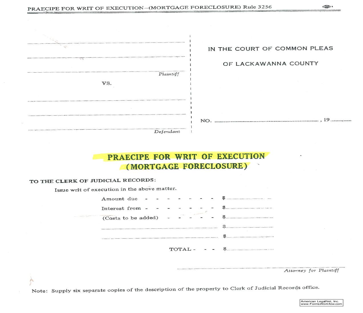 Praecipe For Writ Of Execution (Mortgage Foreclosure) | Pdf Fpdf Doc Docx | Pennsylvania