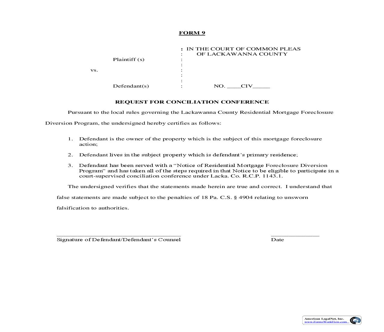 Request For Conciliation Conference {9} | Pdf Fpdf Doc Docx | Pennsylvania