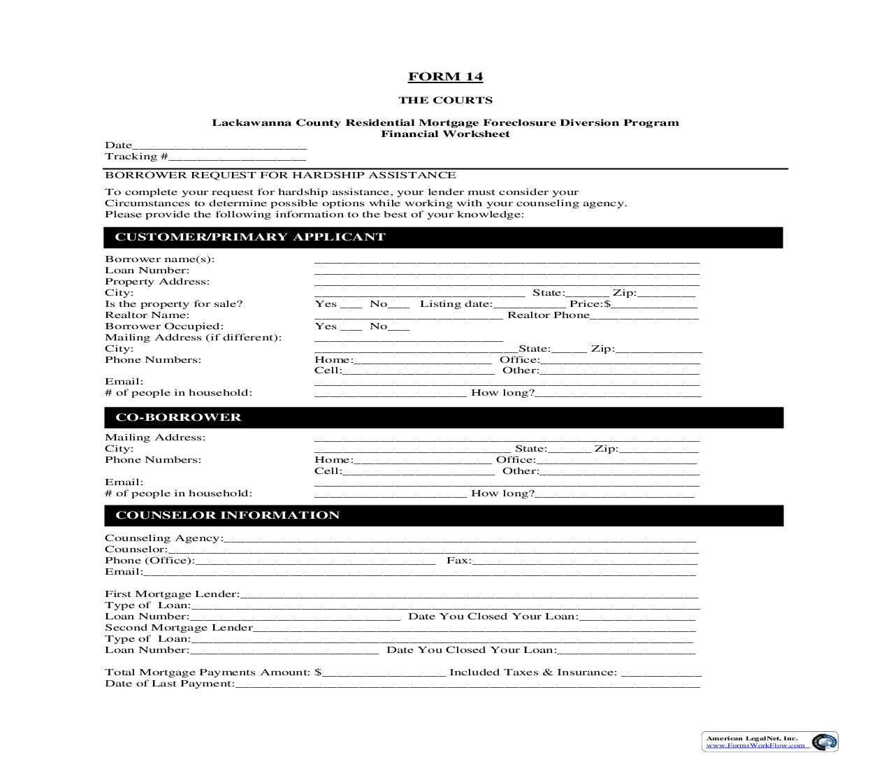 Residential Mortgage Foreclosure Diversion Program Financial Worksheet {14} | Pdf Fpdf Doc Docx | Pennsylvania