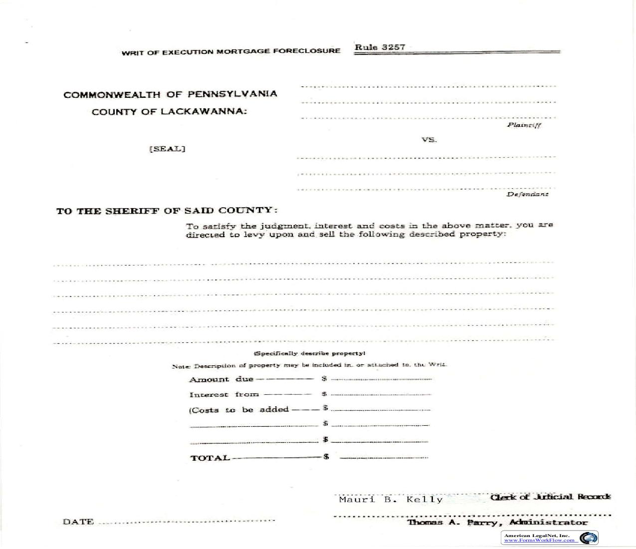 Writ Of Exectution (Mortgage Foreclosure) | Pdf Fpdf Doc Docx | Pennsylvania