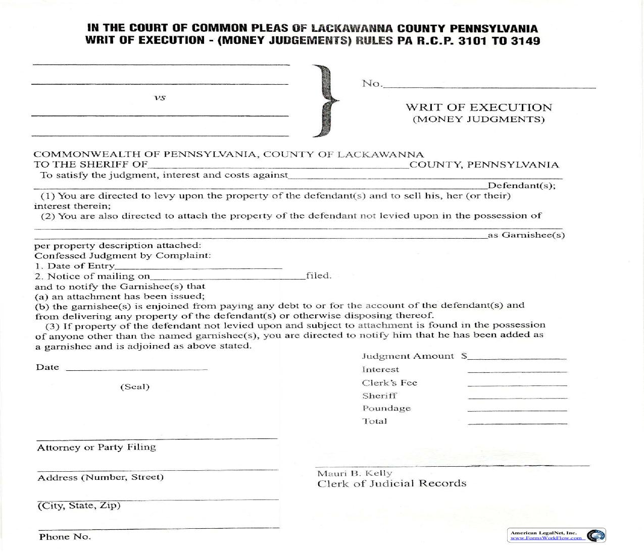 Writ Of Execution (Money Judgments) | Pdf Fpdf Doc Docx | Pennsylvania