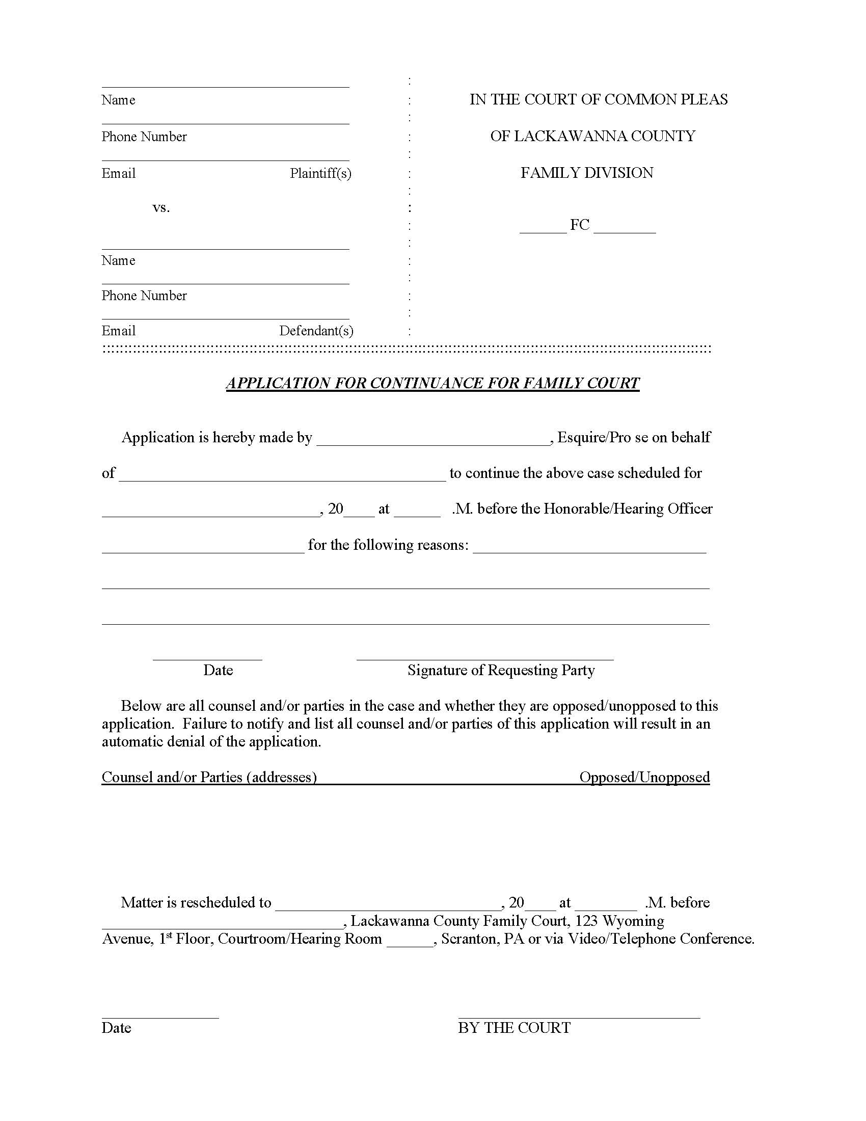 Application For Continuance (Family Court) | Pdf Fpdf Doc Docx | Pennsylvania