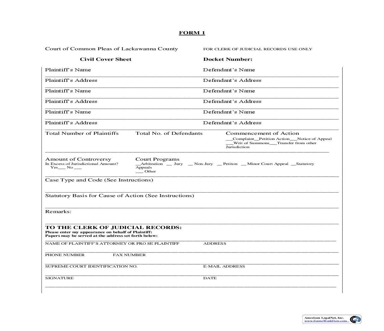 Civil Case Cover Sheet {1} | Pdf Fpdf Doc Docx | Pennsylvania