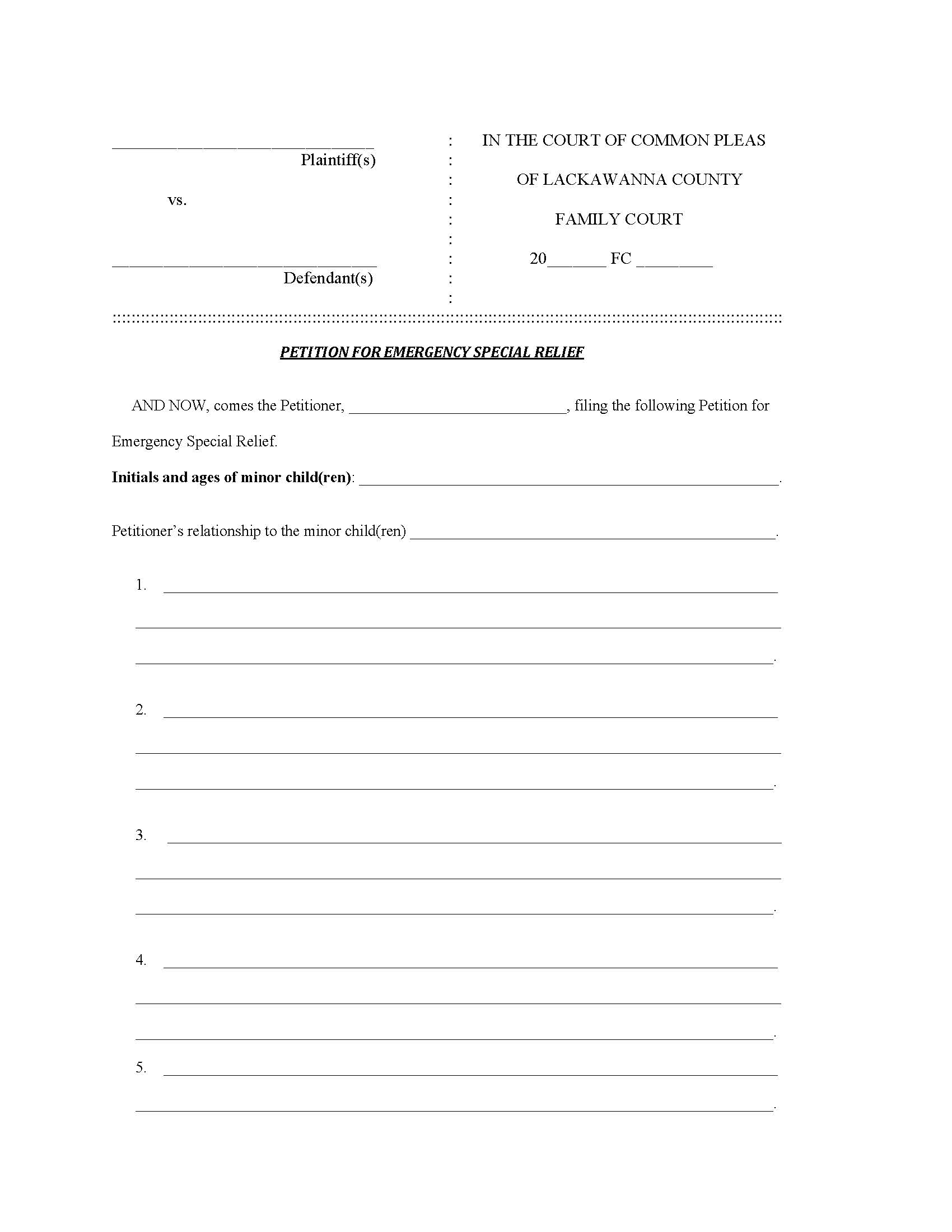 Petition For Emergency Special Relief (Family Court) | Pdf Fpdf Doc Docx | Pennsylvania
