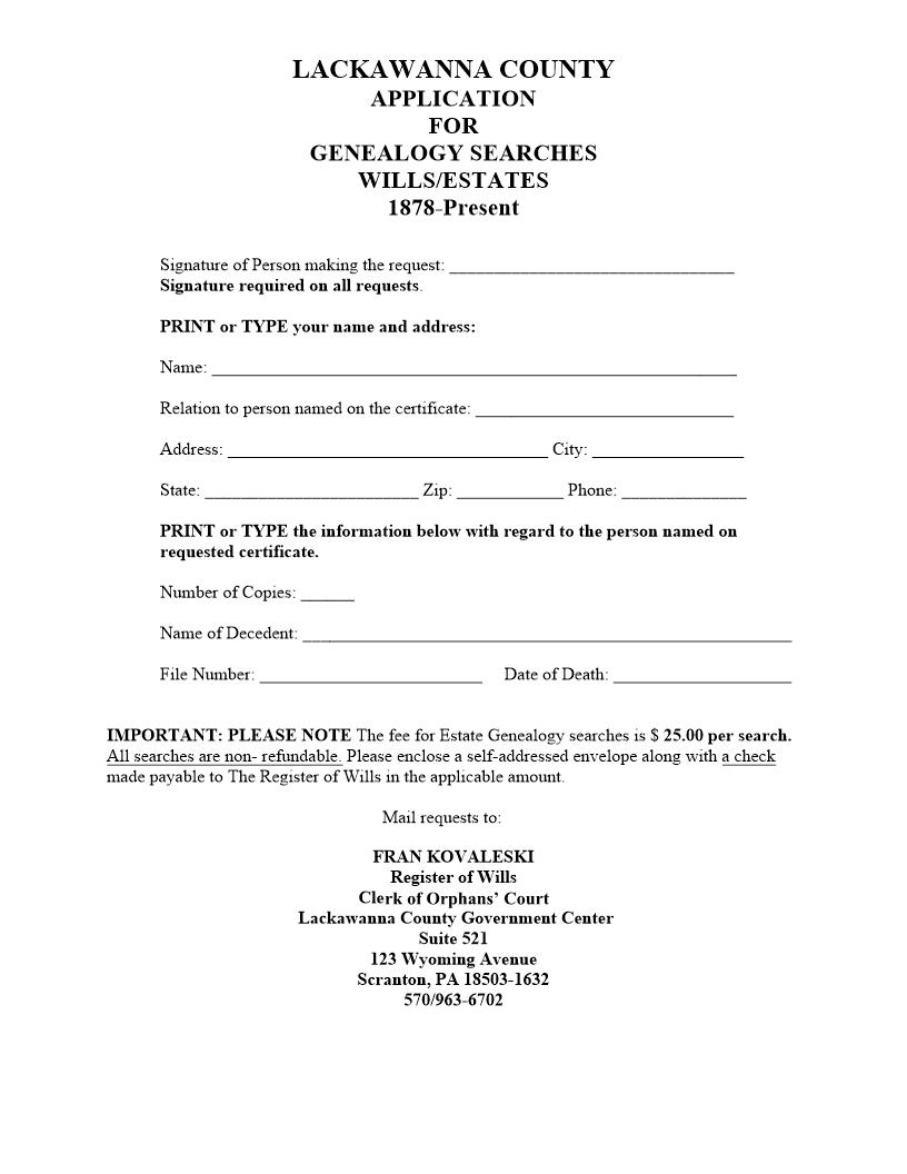 Application For Genealogy Searches Wills-Estates | Pdf Fpdf Doc Docx | Pennsylvania