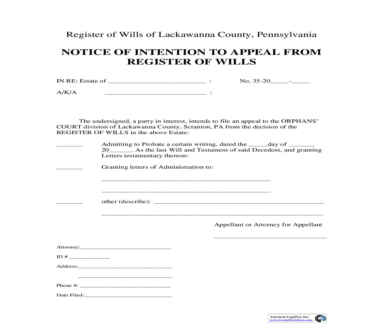 Notice Of Intention To Appeal From Register | Pdf Fpdf Doc Docx | Pennsylvania