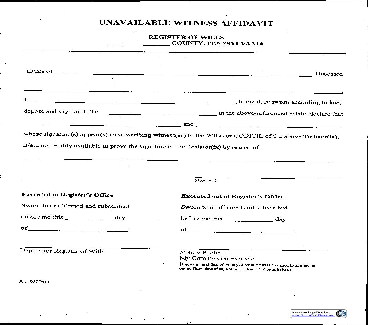 Unavailable Witness Affidavit | Pdf Fpdf Doc Docx | Pennsylvania