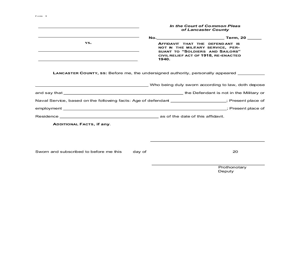 Affidavit That The Defendant Is Not In The Military Service {8} | Pdf Fpdf Doc Docx | Pennsylvania