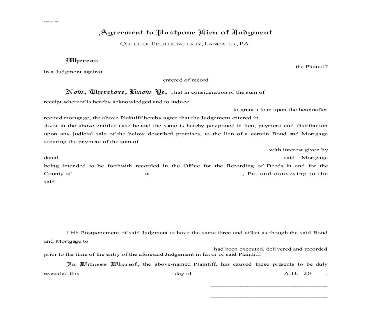 Agreement To Postpone Lien Of Judgment {35} | Pdf Fpdf Doc Docx | Pennsylvania