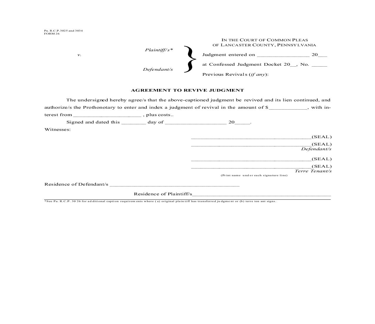 Agreement To Revive Judgment {26} | Pdf Fpdf Doc Docx | Pennsylvania