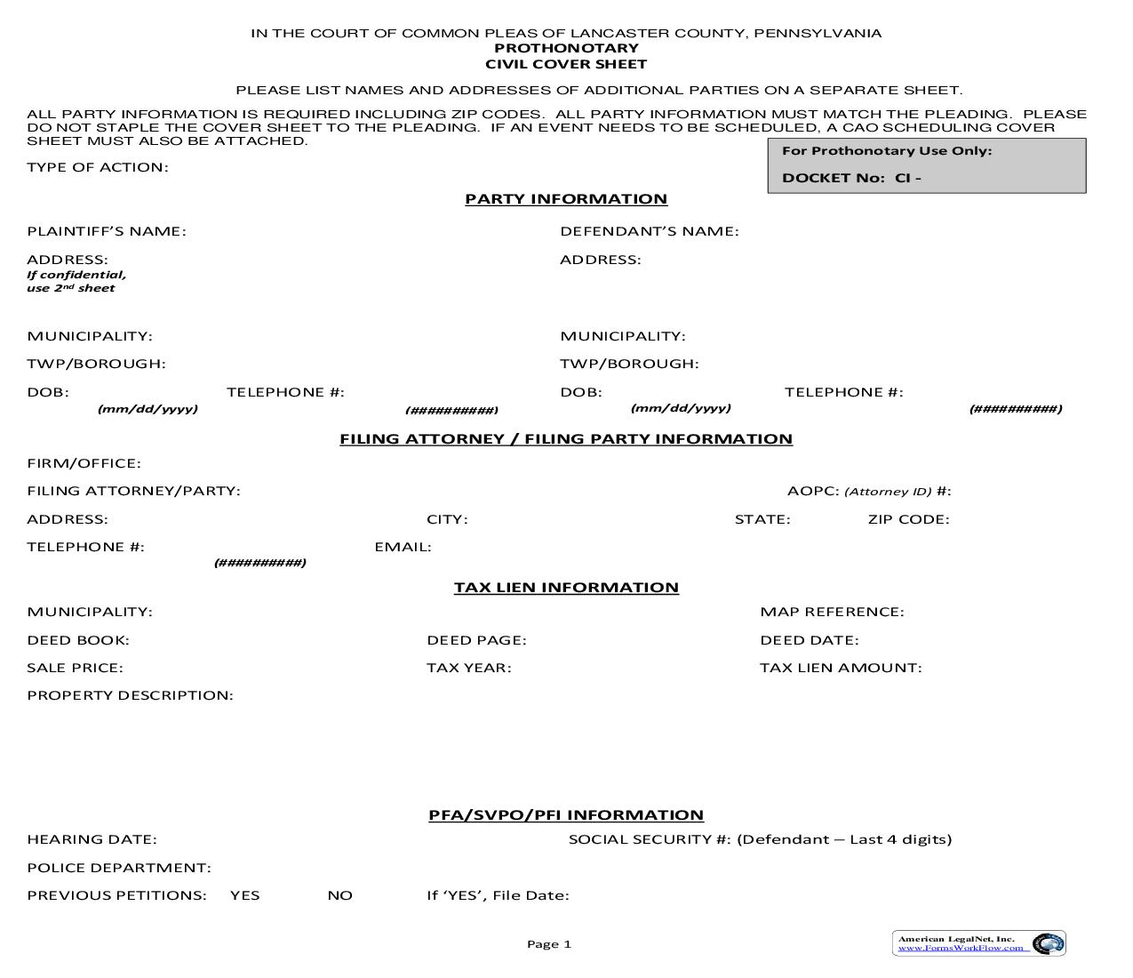 Civil Cover Sheet (Prothonotary) | Pdf Fpdf Doc Docx | Pennsylvania