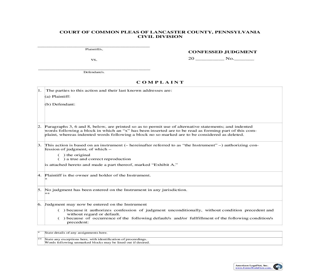 Confessed Judgment Complaint {52} | Pdf Fpdf Doc Docx | Pennsylvania