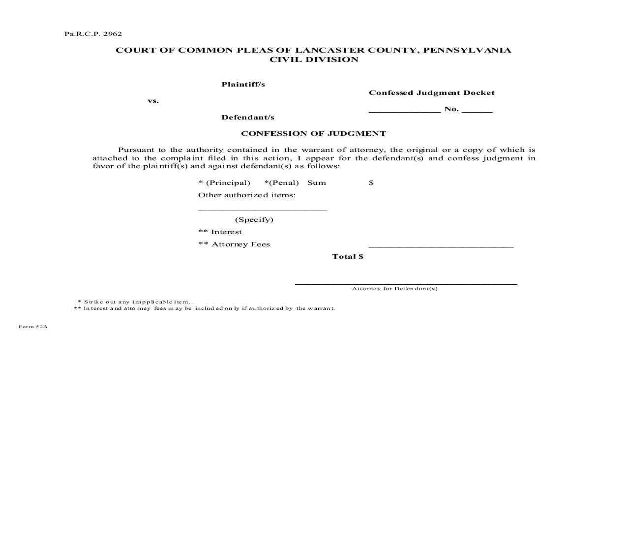 Confession Of Judgment {52A} | Pdf Fpdf Doc Docx | Pennsylvania