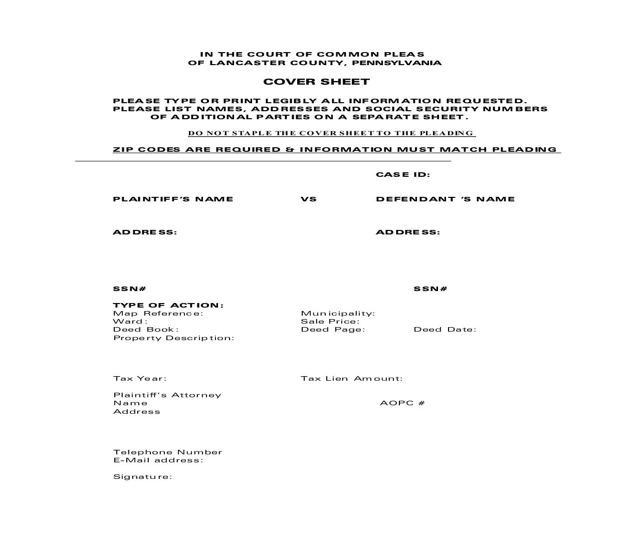 Cover Sheet (Municipal Tax Lien) | Pdf Fpdf Doc Docx | Pennsylvania